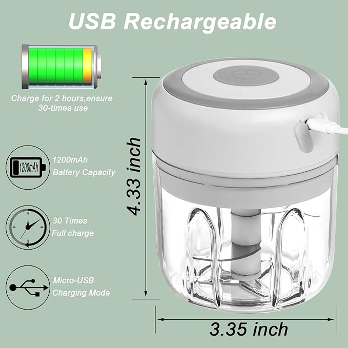 Electric Garlic Chopper, 250ML Vegetable Chopper, Food Chopper, USB Mini Garlic Mincer, Onion Chopper, Portable Small Food Processor for Ginger, Chili, Vegetables