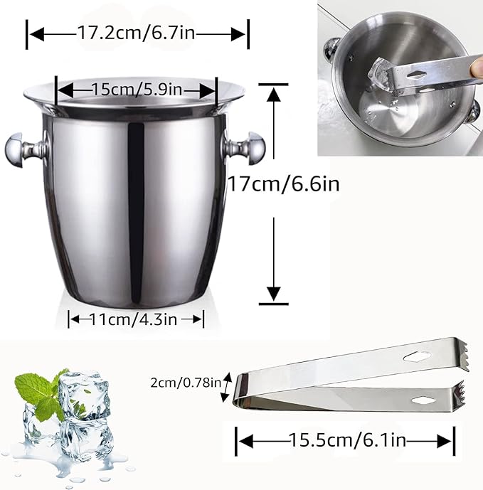 Ice Buckets - Champagne Ice Bucket with Tongs, Silver Trumpet Ice Bucket Stainless Steel Mirror Reflection Wine Cooler for Wedding Bar Beer Red Wine Liquor Beverages Party, Ice Frozen Longer,2.5L