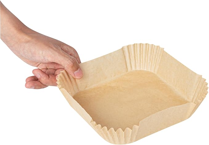 Restaurantware-Pastry Tek 6.3 x 6.3 x 1.8 Inch Air Fryer Liners, 100 Square Air Fryer Baskets - No-Stick Silicone Coating, Unbleached, Food-Grade Paper Liners, For Steamer, Microwave, Oven, Fry Pan