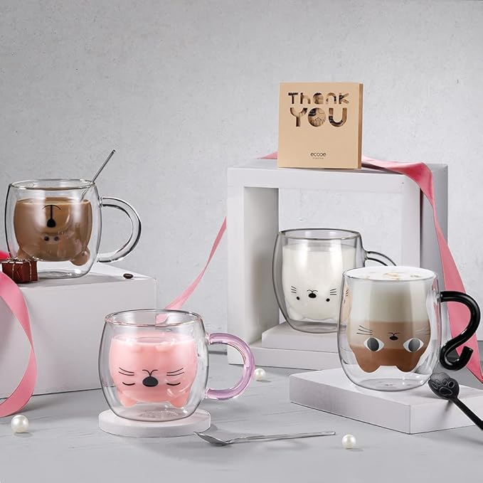 ecooe Cute Bear Mug Glass Coffee Cup 9.4oz Double Walled Glass Mug Cappuccino Latte Glass Cup with Handle Spoon, Milk Tea Bear Cup Birthday Christmas Valentine's Day Gifts for Women Kids Girls Friends