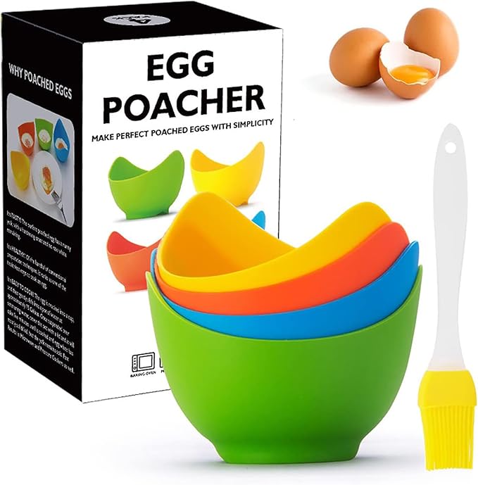 4 Pcs Silicone Egg Poacher Cups, Poached Egg Cooker with Ring Standers for Microwave or Stovetop Egg Cooker with Extra Oil Brush