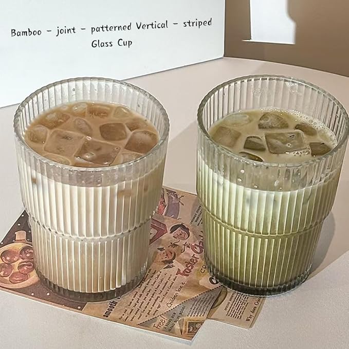 TINMIX 13.5OZ Small Glass Cups with Lids and Straws Mason Jar Low Drinking Glasses Ripple Glassware Iced Coffee Tumbler Smoothie Cup for Beer, Cocktail (2)