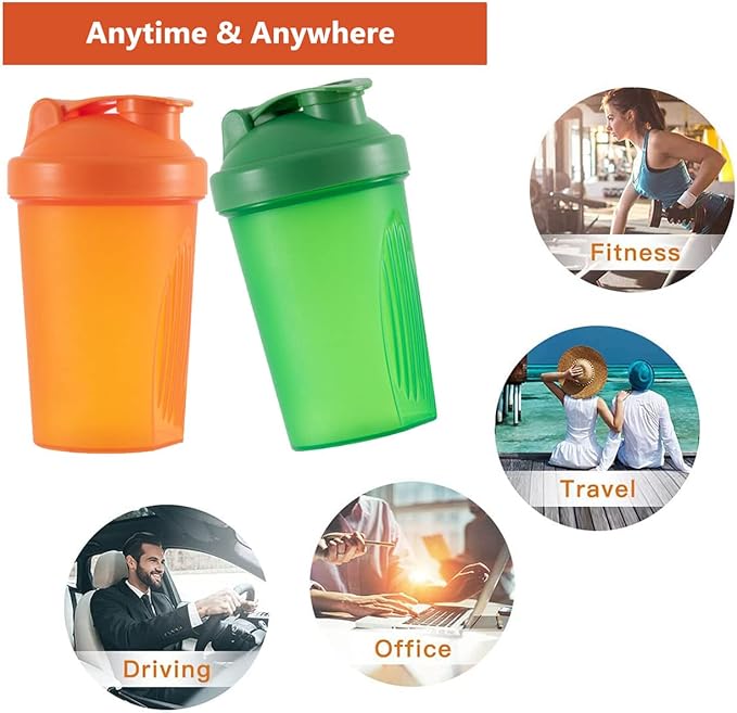 Shaker Bottle Protein Shakes and 16-Ounce/400ML Shakers Bottles with Whisk Balls,Non-BPA plastic (Orange+Green(2PCS))