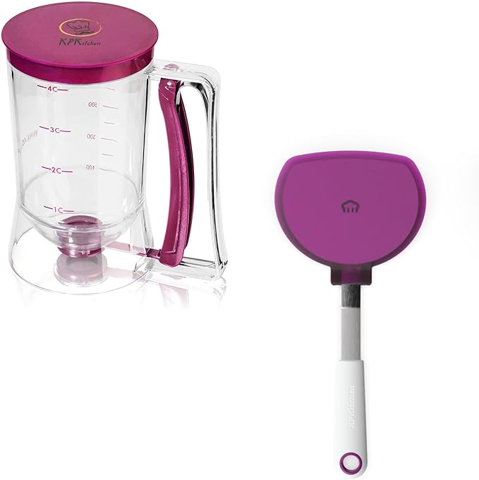 KPKitchen Pancake Batter Dispenser and Pancake Spatula Flipper - Perfect Baking Tool for Cupcakes, Waffles, Crepes, Cake or Any Baked Goods (Purple) - Heat Resistant Wide Spatula Perfect for Pancakes