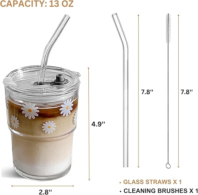 Olvini 13oz Glass Tumbler with Straw and Lid, Reusable Iced Coffee Cup Tumbler, Cute Glass Cups for Water, Matcha, Travel Coffee Mugs (Daisy)