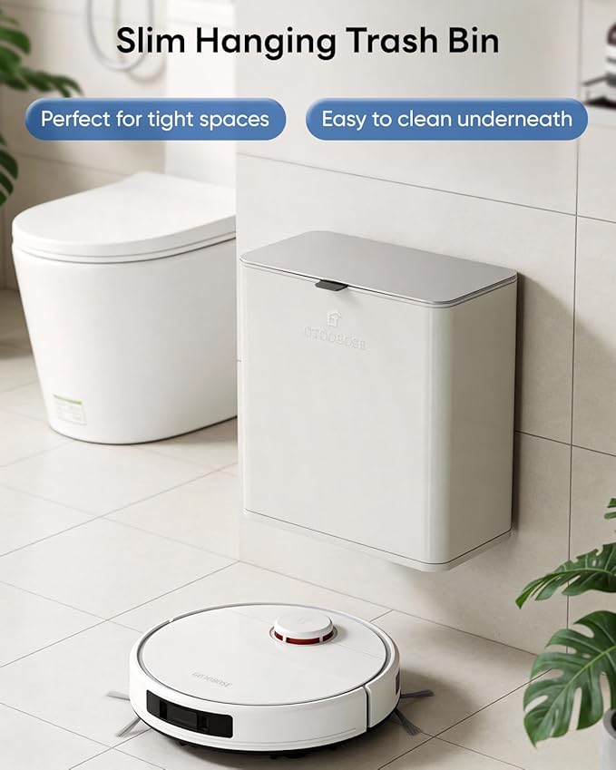 Kitchen Compost Bin, 10L/2.6G Trash Can with Lid, Slim Stainless Steel Hanging Garbage Bin for Kitchen, Bathroom, Bedroom, Office, Wall Mounted Compost Bin with Inner Bucket, White