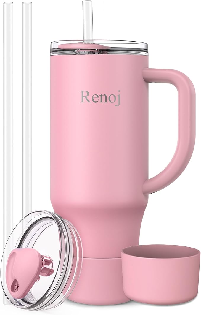 Renoj Insulated Mug 100% Spill Resistant Insulated Water Bottle for Iced Coffee & Hot Drinks - Fits Car Cup Holder, Ideal Gift, 2 Straws & Silicone Boot - FlexSlide Pink 32 oz