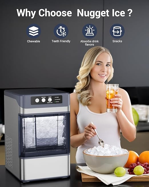 44 lbs/Day Nugget Ice Maker Countertop, Pebble Ice Machine with 0.8 Gal Water Tank 6-10 Mins Fast Ice Making for Home, Camping, Kitchen, RV (Silver)
