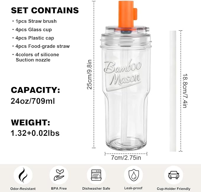 ANOTION Bamboo Mason 24oz Glass Tumbler with Straw Leakproof Lid, Cap Cup Mason Jar 4 Color Caps, Self-Assembly Leak-Proof Lid Straw, Reusable Iced Coffee Cup, Mason Jar Drinking Glass Coffee Gifts
