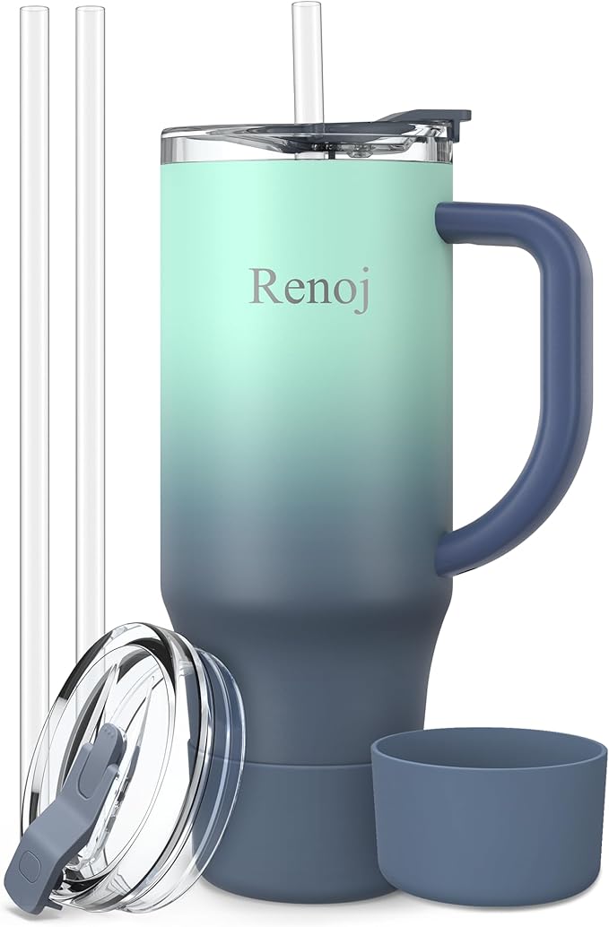 Renoj Insulated Mug 100% Leak Proof Insulated Water Bottle for Iced Coffee & Hot Drinks - Fits Car Cup Holder, Ideal Gift, 2 Straws & Silicone Boot - SnapShift Blue Gradient 32 oz