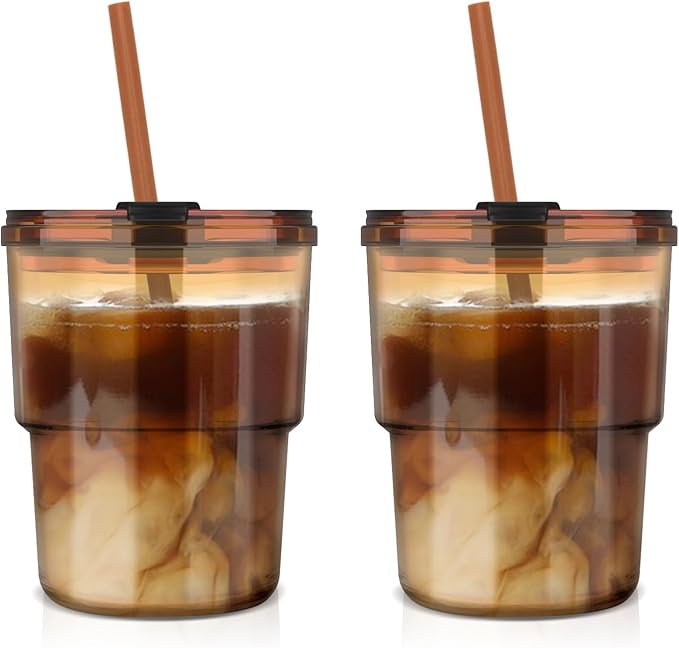 Luxfuel 13 oz Tumbler Water Glass Cups with Straw & Lid, Reusable Iced Coffee, Tea Cups, Leak-Proof Thick Wall Travel Glass Tumbler for Home, Office, Car Cup Holder Friendly, BPA Free (Amber, 2 Pack)