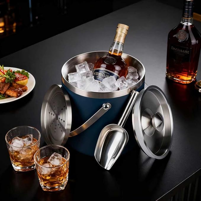 3L Double-Wall Insulated Stainless Steel Ice Bucket with scoop for Cocktail Bar - Metal Ice Bucket for freezer with Lid for parties,Camping,and More!champagne bucket,bar cart accessories