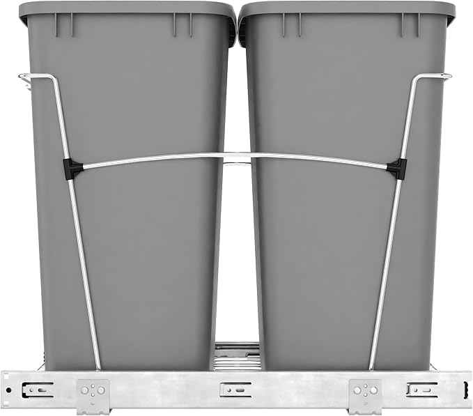 Rev-A-Shelf Double Pullout Trash Can for Kitchen Cabinets 35 Qt Garbage Recycling Bin on Full-Extension Slides, Silver, RV-18KD-17C S