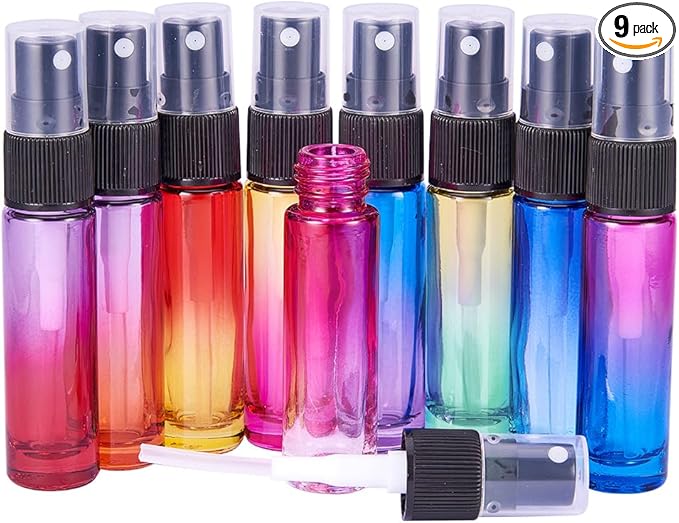 BENECREAT 9 Packs 10ml Rainbow Color Glass Spray Bottle, Refillable Fine Mist Spray Bottle for Perfume, Essential Oil, Travel Size Mini Spray Bottles