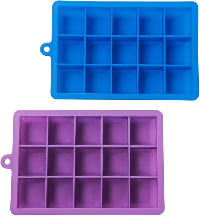 AYI&AYEE Silicone Ice Cube Trays with Lids - 2 Pack - 15 Cavities 1 2/5 inch (2 tbsp / 30ml / 1 fl oz) Square Ice Cubes Baking Molds - BPA free - Easy Release - for Juice, Baby Food, Chocolate & More