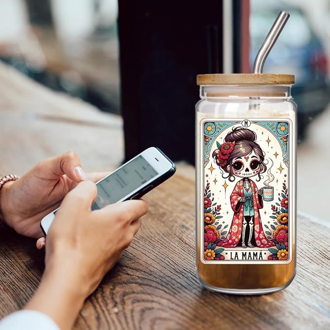 Mexico Mama 16oz Glass Cup with Lid and Straw Gifts for Mom Women, Cute Aesthetic Iced Coffee Cup Smoothie Tumbler Gift for Mothers Day New Mom to be Birthday Presents for Women
