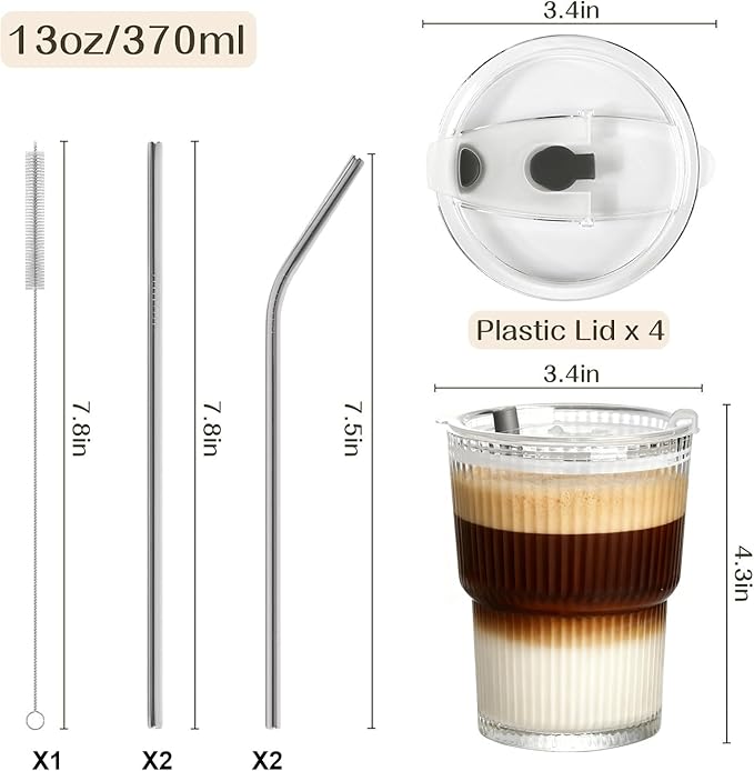 13oz Iced Coffee Cups,4Pcs Glass Cups with Lids and Straws,Drinking Glasses Clear Ribbed Glassware,Reusable Tumbler Glass to Go Cup for Matcha, Iced Tea,Juice