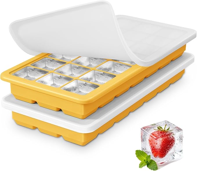 Silicone Ice Cube Trays 3Packs, Easy Release Ice Cube Molds with Lid, Freezer Stackable Ice Maker for Whiskey, Baby Food, BPA Free (2, Yellow)