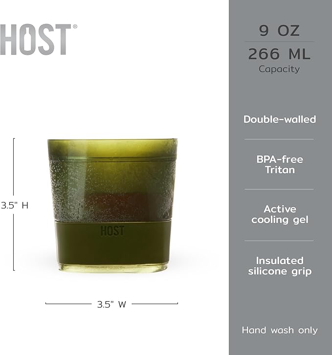 Host Whiskey Freeze Glasses, Double Old Fashioned Glasses, Chill Without Dilution for Bourbon, Vodka, Cold Brew Cocktails, Bourbon Gifts for Men, Home Bar, 9 oz, Set of 2, Olive Green