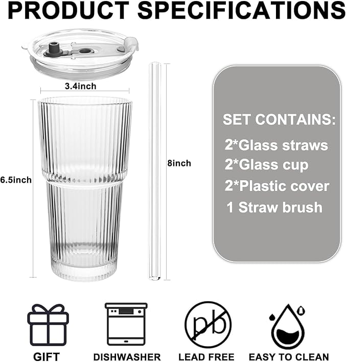 Ribbed Drinking Glasses ,with Lids and Glass Straws Glass Cup,19oz Glass cup,6 Pack Old Fashioned Glasses,Thickened glass for iced coffees,cocktails and juices, perfect for families and parties (2)
