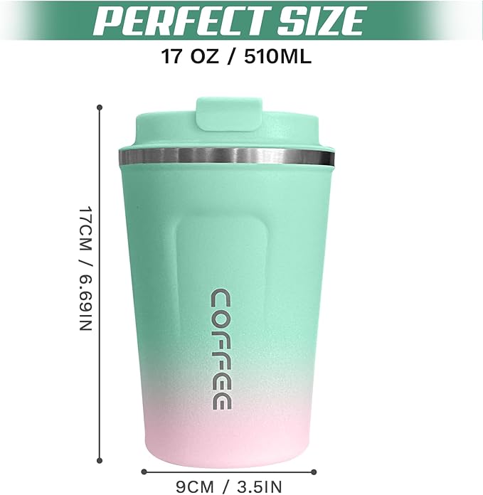 SPLMIFA Travel Coffee Mug Leak-Proof, Reusable Coffee Cups with Lids, Stainless Steel Vacuum Insulated Coffee Tumblers, Thermal Insulation Cup for Men and Women Hot & Cold Drinks(2nd-Green Pink, 17OZ)