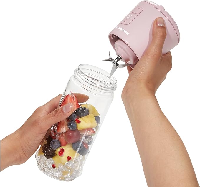Hamilton Beach Mini Cordless Portable Personal Blender for Shakes and Smoothies, USB Rechargeable, 16 oz. Jar with Leakproof Travel Lid, 6 Stainless Steel Blades, Pink (51181)