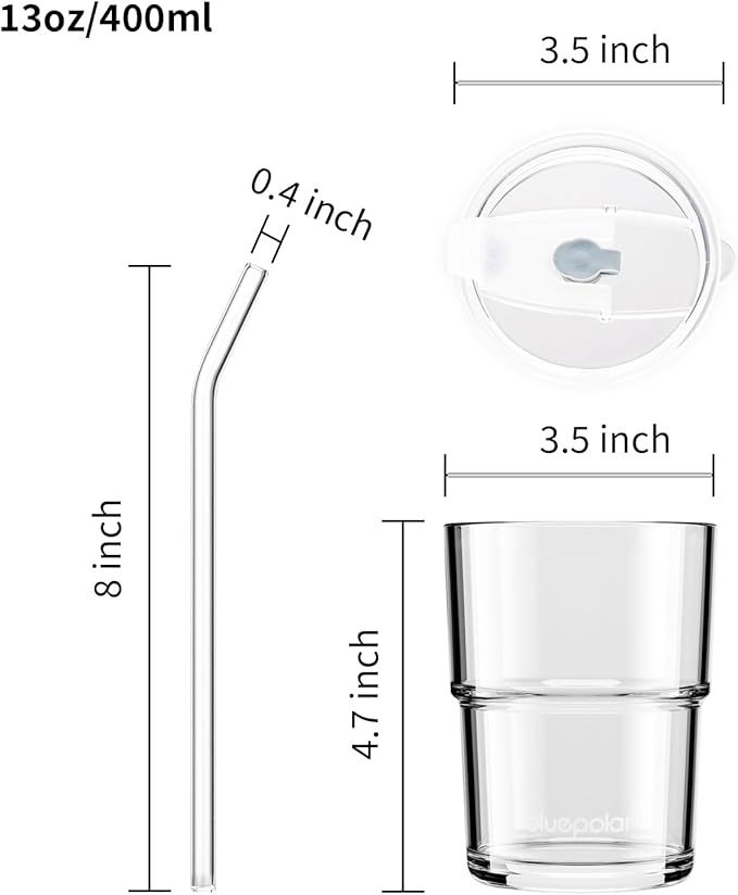BLUEPOLAR 13oz/400ml Glass Water Tumbler with Straw and Lid Sealed Carry On Thick Wall Iced Coffee Cup Glass Cup for Water, Iced Tea Fruit Juice Etc(Aurora White