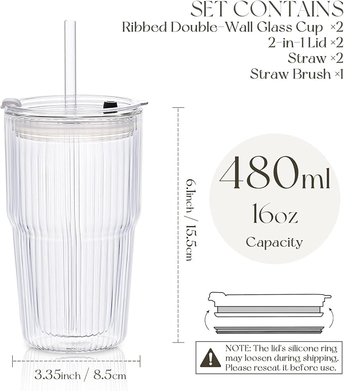 KEMORELA 16oz Ribbed Double Wall Glass Cups with Lid and Straw 2PCS, Coffee Bar Accessories，Insulated Borosilicate Glass Tumblers, To Go Iced Coffee Cups, Spill proof tumbler,tumblers & water glasses