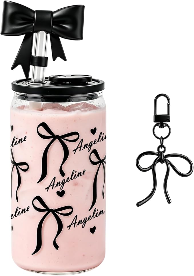 Mason Life Personalized Cups with Coquette Bows-Can Shaped Glass with Lids and Straws-18OZ Iced Coffee Cups -Cute Glass Tumbler Birthday Thanksgiving Christmas Gift for Women