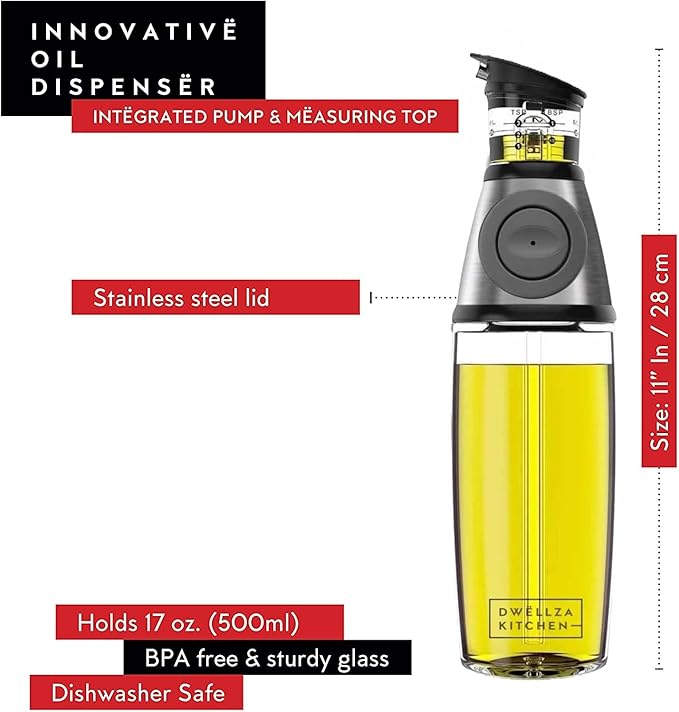 DWËLLZA KITCHEN Olive Oil Dispenser Bottle For Kitchen & Sprayer For Cooking - Glass 17 Oz. Cooking Oil/Syrup Dispenser With Measurements & 6 Oz. Spray Bottle Set