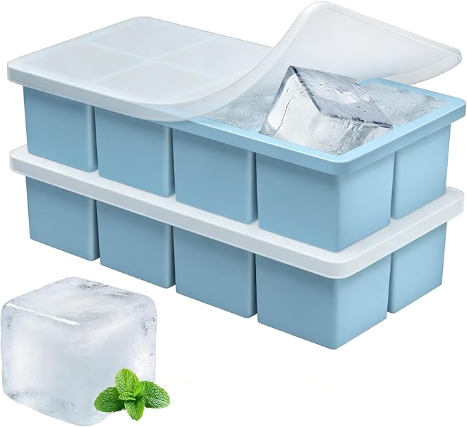 Large Ice Cube Molds, 2 Pack Easy Release Ice Trays for Freezer with Lid, Stackable Square Big Silicone Ice Cube Tray BPA Free Slow Melting for Bourbon Whiskey, Cocktails, Iced Coffee （Blue）