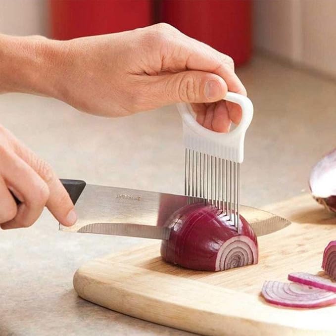 Stainless Steel Onion Holder Slicer, 2Pcs Tomato Lemon Potato Vegetable Holder Slicer Cutter Tool for Kitchen Worker Slicing