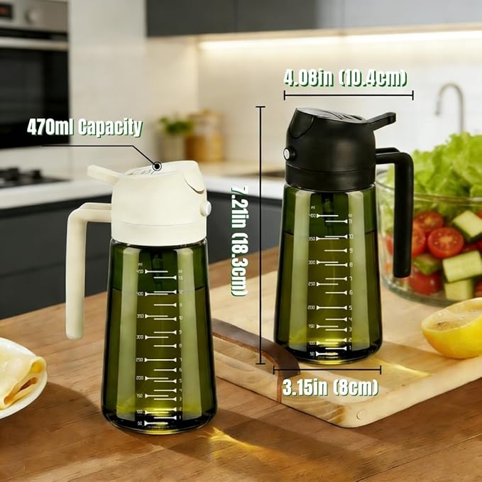 2 in 1 Olive Oil Dispenser and Sprayer,Kitchen oil dispenser bottle with measurement markings,16oz Light Blockage Dark Oil Sprayer,2pcs grilling spray bottle,oil sprayer fine mist for Salad