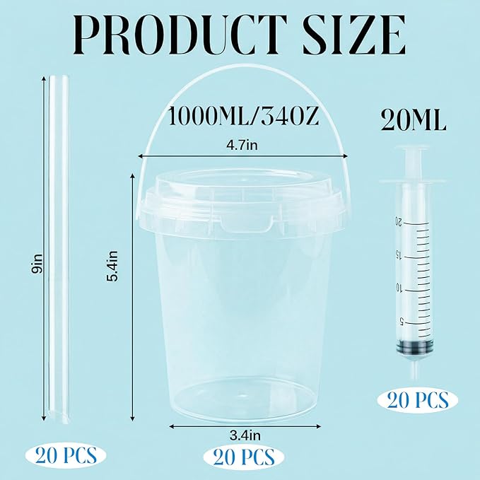 Willinglong 20 Set 34oz Clear Plastic Drink Buckets Rum Buckets for Drink with Straws, Lids and Beverage Syringes Reusable Iced Coffee Cups for Rum Wine Beer Cocktail Beverage Lemonades