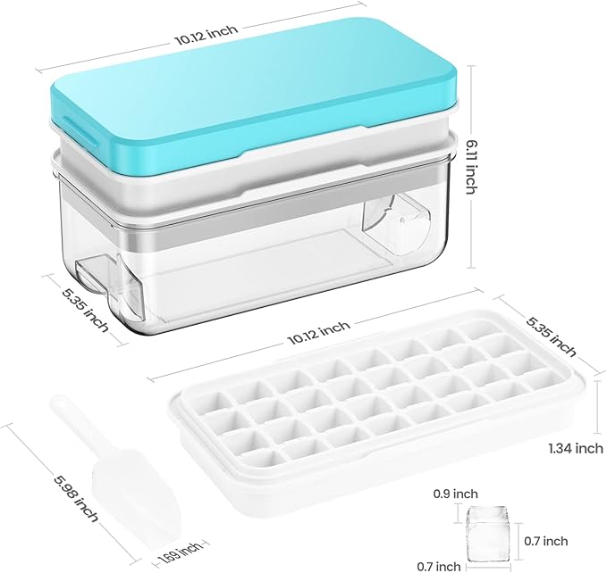 Ice Cube Tray with Lid and Bin, PHINOX 64 pcs Ice Trays for Freezer, Ice Cube Trays for Freezer with 2 trays, Container, Lid & Ice Scoop, BPA Free