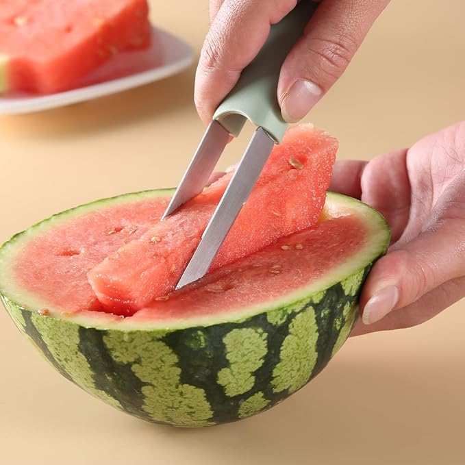 3-in-1 Watermelon Cutter, Slicer and Fork Tool Set, Papaya Dragonfruit Cantaloupe Melon Mango, Popsicle Mold, Green