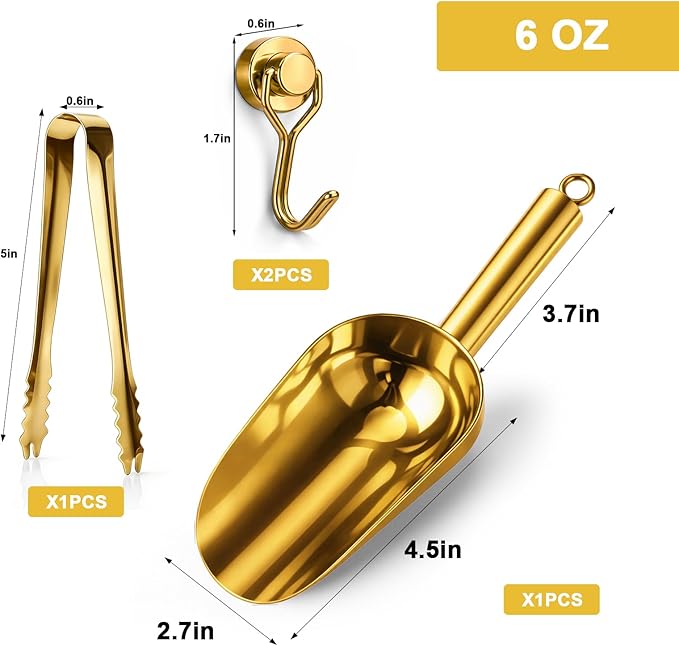Stainless Steel Ice Scoop for Freezer with Magnetic Hook - Ice Scoop for GE Profile Opal 2.0 Nugget Ice Maker, for Kitchen Bar Party Accessories (6OZ- Gold)