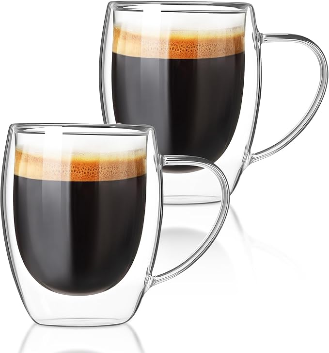 FrutPunch Double Walled Glass Coffee Mugs, Glass Coffee Mugs Set Of 2, Glass Coffee Cups with Handles, 12OZ, Suitable for Cappuccino, Latte, Espresso, Hot Drinks, Cold Drinks (2)