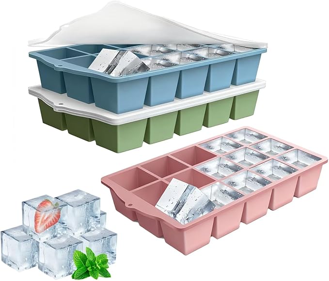 Ice Cube Trays for Freezer, 3 Pack Easy Release Slicone Ice Cube Tray with Lid, BPA Free Stackable Flexible Ice Mold 15 Square Reusable Ice Cubes for Whiskey, Baby Food, Ice Coffee (Pink+Blue+Green)