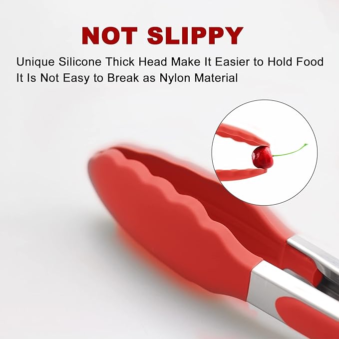 2 Pack Silicone Kitchen Tongs – 9" & 12" Set, Heat Resistant up to 500°F, Non‑Stick Cookware Safe, Wavy Silicone Tips, BPA Free, Locking Clip & Hanging Loop, Red