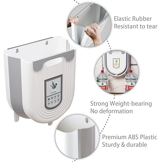 Hanging Kitchen Trash Can, Collapsible Trash Can for Kitchen, Foldable Small Garbage Can Compost Bin, 2.6 Gallon Under Sink Waste Bin for Cabinet/Bedroom/Car/Bathroom (Grey)