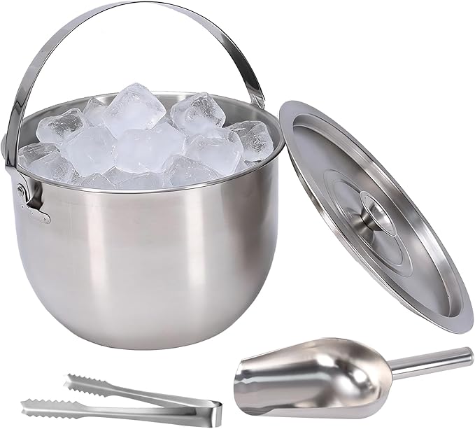 Ice Bucket, Stainless Steel Champagne Bucket with Lid, Double Handles, Scoop & Tongs Set, Drink Cooler for Parties, Wedding, Bar Cart, Patio, Holiday Hosting, New Year Toasts, for Home Entertaining