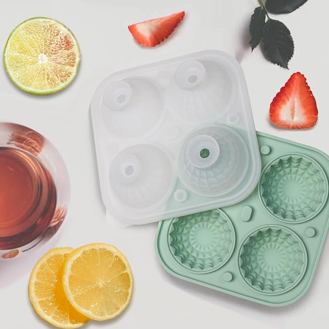 Prism Crystal Ball Ice Mold, Large Sphere Silicone Round Ice Mold, Fun Shapes Ice Cube Tray with Clear Funnel-type Lid, Make 4 Disco Ball Ice Cubes for Whiskey Cocktails and Juice, Green