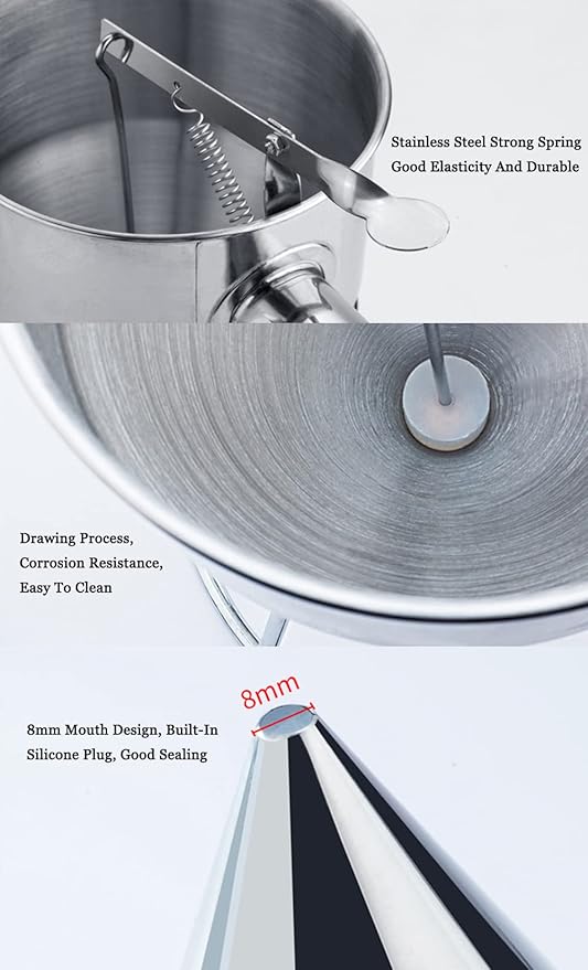 Pancake Batter Dispenser With Stand, Stainless Steel Funnel With Detachable Handle, For Takoyaki, Baking, Cupcakes, Muffins-Cooking Crepes, Waffles (600ml / 20.3oz)