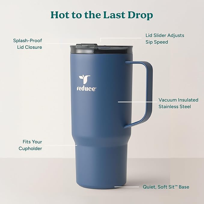 REDUCE 24 oz Hot1 Vacuum Insulated Mug for Hot Tea, Coffee and Other Hot Drinks - With Flo-Motion Lid and Handle, Single-Serve and Cupholder Friendly, Keeps Drinks Hot for up to 8 Hrs, Mineral Blue