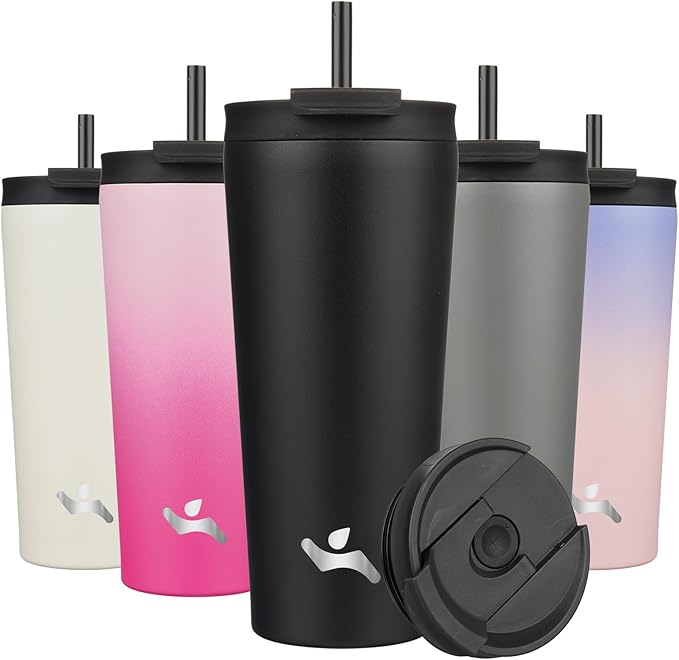 Konokyo 22 OZ Insulated Tumbler with Lid and 2 Straws Stainless Steel Water Bottle Vacuum Travel Mug Coffee Cup,Black