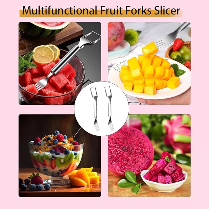 Watermelon Fork Slicer Cutter, Stainless Steel 2-in-1, Portable Watermelon Fork Watermelon Cutter Slicer Tool Fruit Forks Slicer for Home Party Camping Kitchen Gadget