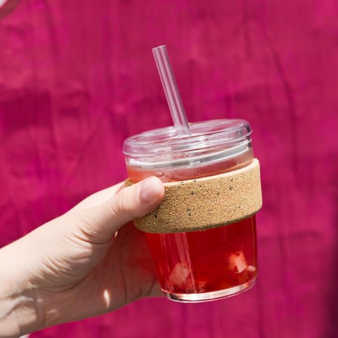 KeepCup Cold Cup - Brew Cork Tempered Glass Ice Coffee Tumbler with Recovered Cork Band, Lid and Straw - 12oz (340ml)