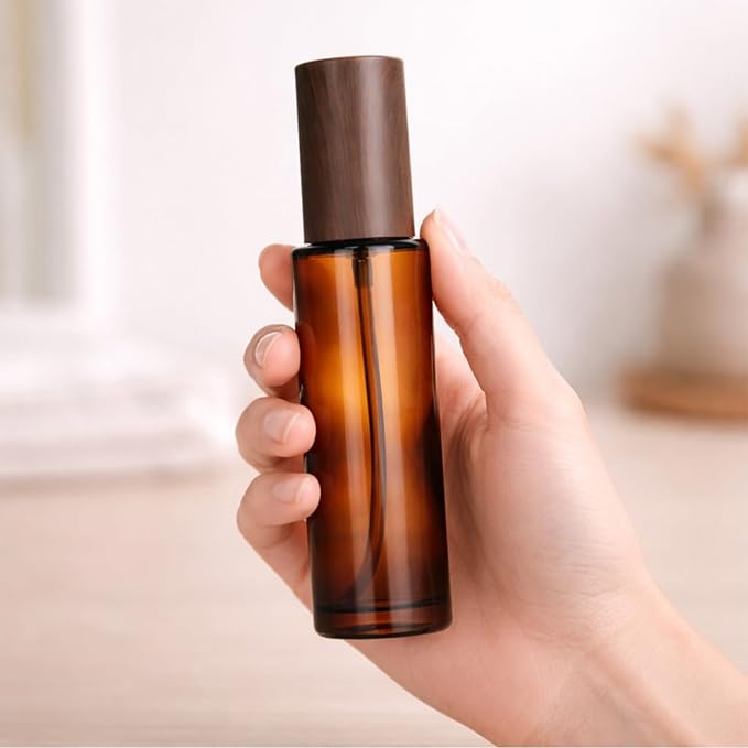 4Packs 60ml/2Oz Amber Glass Spray Bottle Refillable Fine Mist Sprayer with Wood Grain Cap Reusable Empty Container for Perfume, Essential Oils, Room Spray