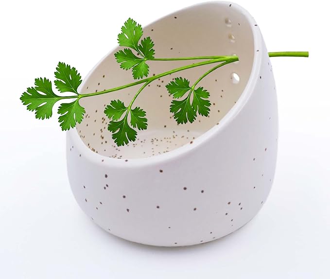 White Ceramic Herb Stripping Bowl with Four Multi-Sized Holes -Efficient Kitchen Tool for Parsley, Basil, Rosemary, Mint, Thyme, Cilantro, Oregano - Handmade Pottery Gadget